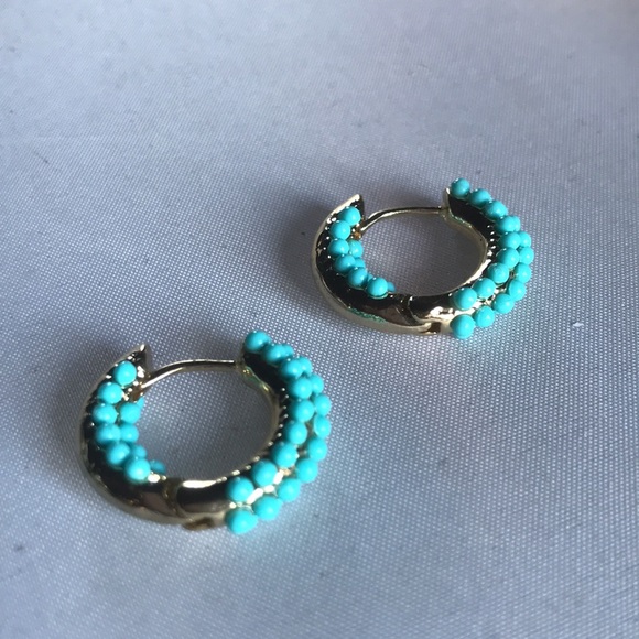New! Gold Turquoise Bead Huggie Earrings - Picture 4 of 8